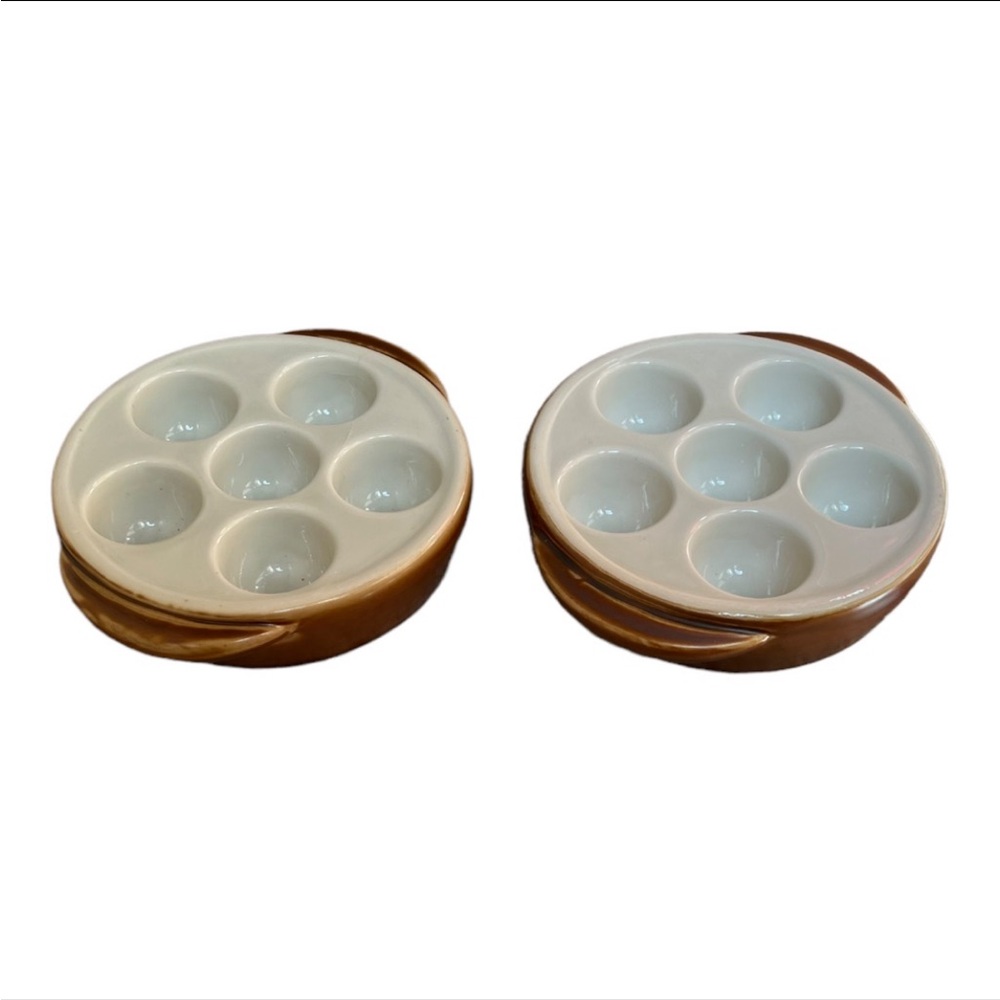 Hall #1154 ceramic escargot servers cream brown 5.75” diameter made in USA pair.